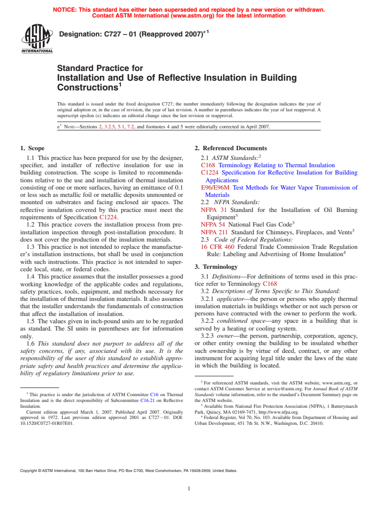 ASTM C727-01(2007)e1 - Standard Practice for Installation and Use of Reflective Insulation in Building Constructions