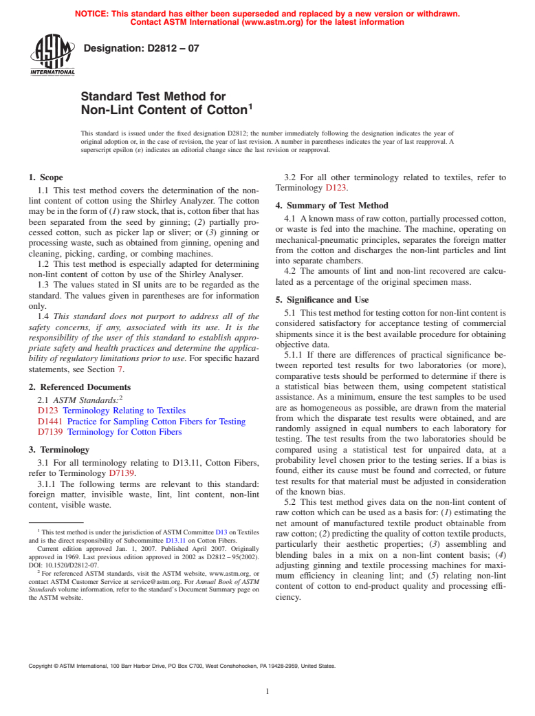 ASTM D2812-07 - Standard Test Method for Non-Lint Content of Cotton