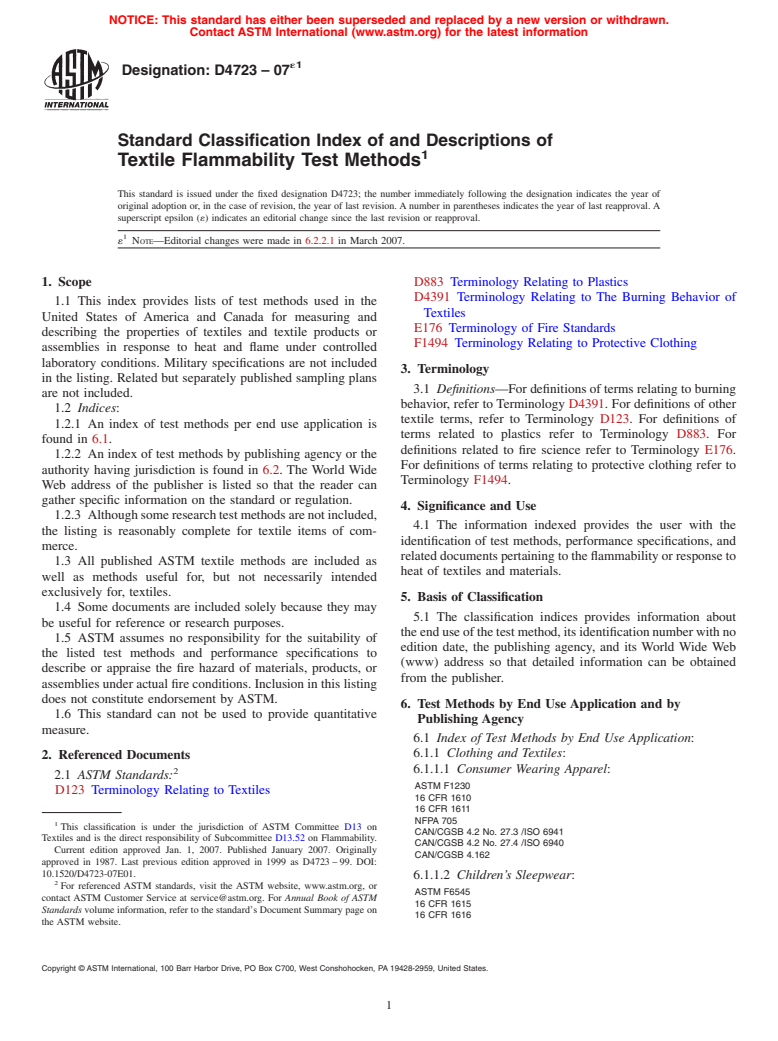 ASTM D4723-07e1 - Standard Classification Index of and Descriptions of Textile Flammability Test Methods