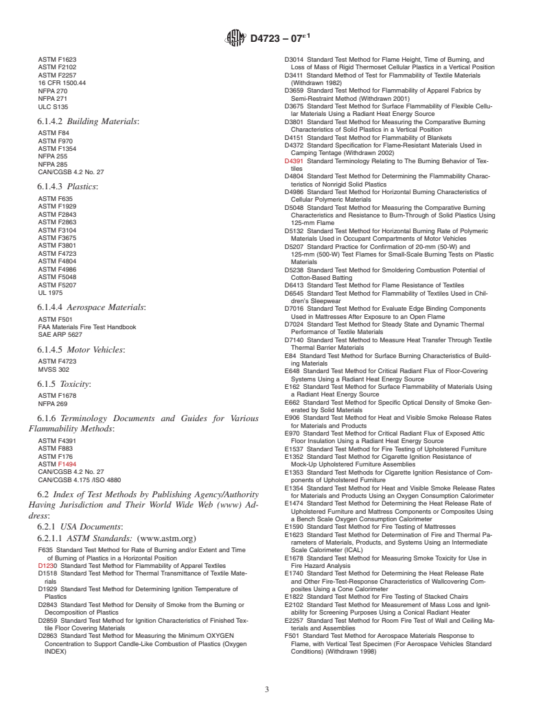 ASTM D4723-07e1 - Standard Classification Index of and Descriptions of Textile Flammability Test Methods