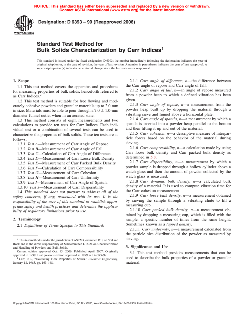 ASTM D6393-99(2006) - Standard Test Method for Bulk Solids Characterization by Carr Indices