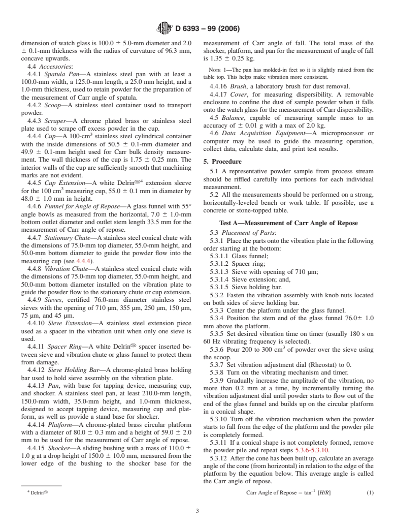 ASTM D6393-99(2006) - Standard Test Method for Bulk Solids Characterization by Carr Indices