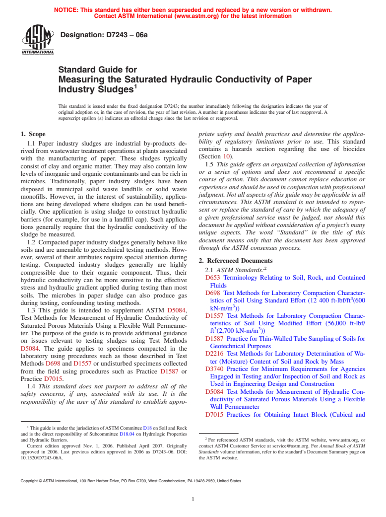 ASTM D7243-06a - Standard Guide for Measuring the Saturated Hydraulic Conductivity of Paper Industry Sludges