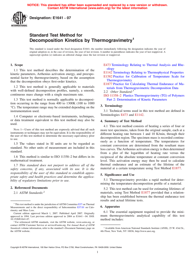ASTM E1641-07 - Standard Test Method for Decomposition Kinetics by Thermogravimetry