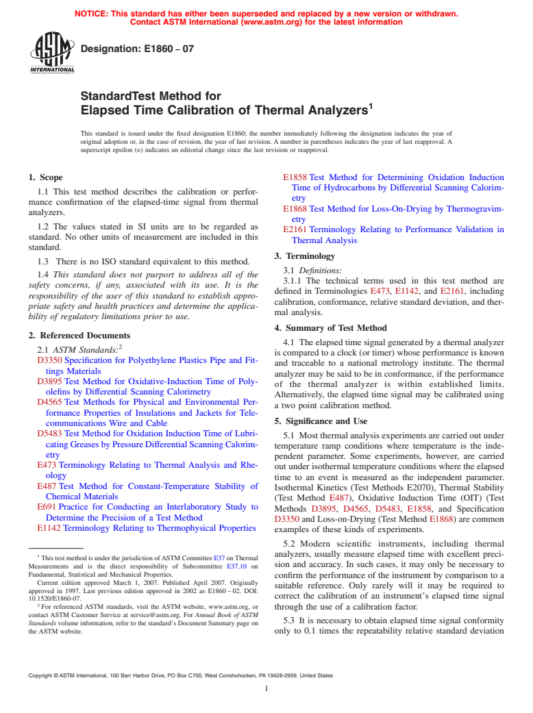 ASTM E1860-07 - Standard Test Method for Elapsed Time Calibration Thermal Analyzers