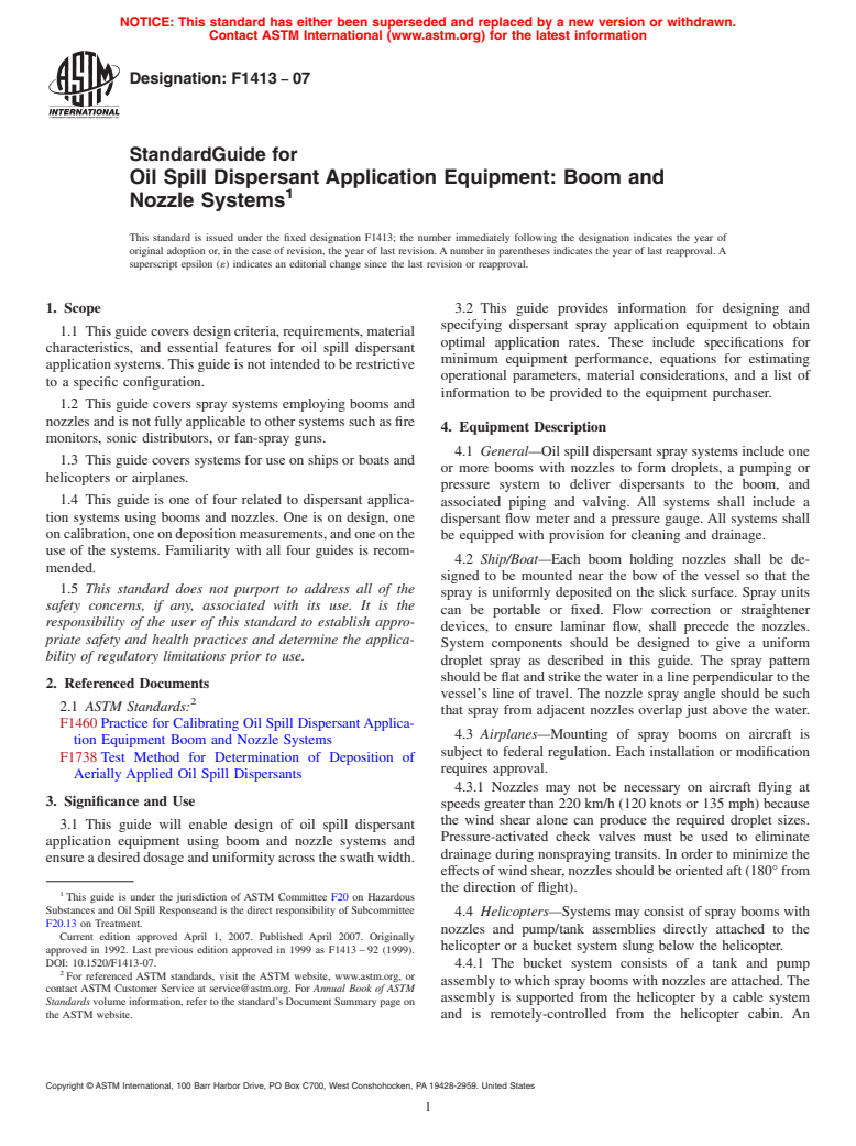 ASTM F1413-07 - Standard Guide for Oil Spill Dispersant Application Equipment:  Boom and Nozzle Systems