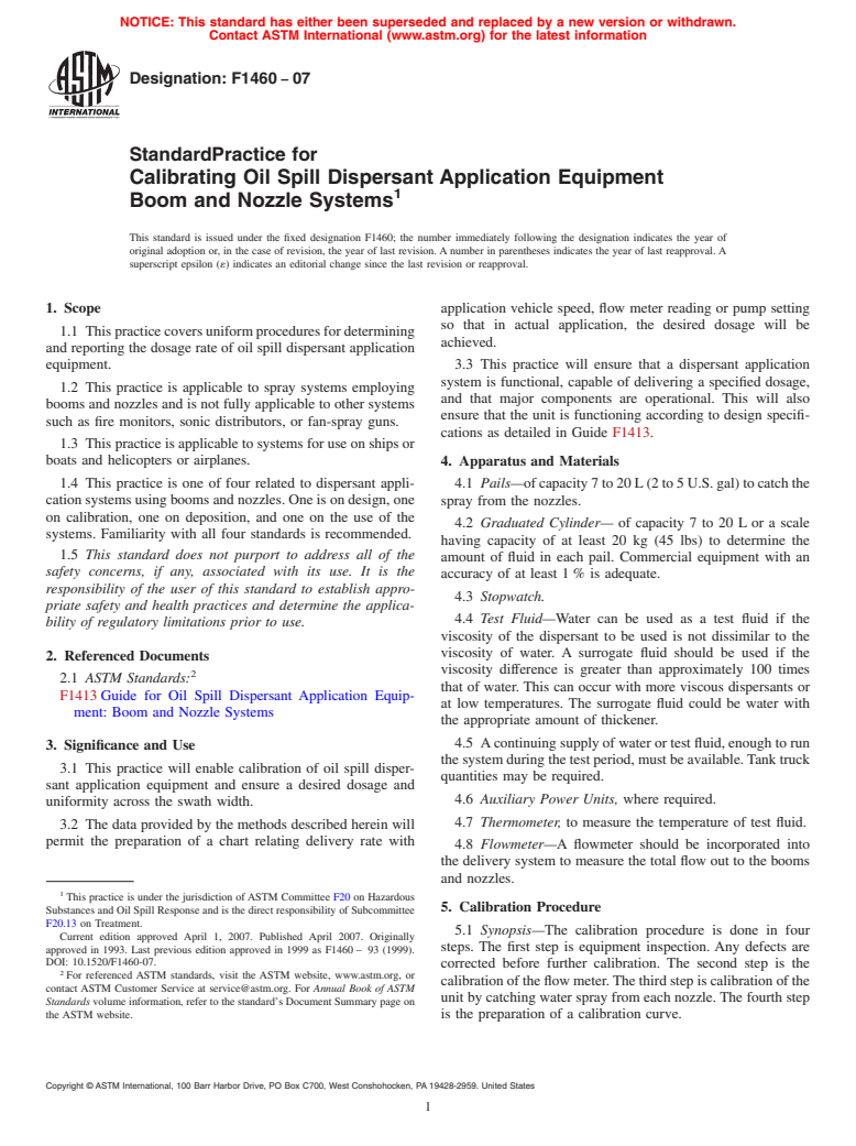 ASTM F1460-07 - Standard Practice for Calibrating Oil Spill Dispersant Application Equipment Boom and Nozzle Systems