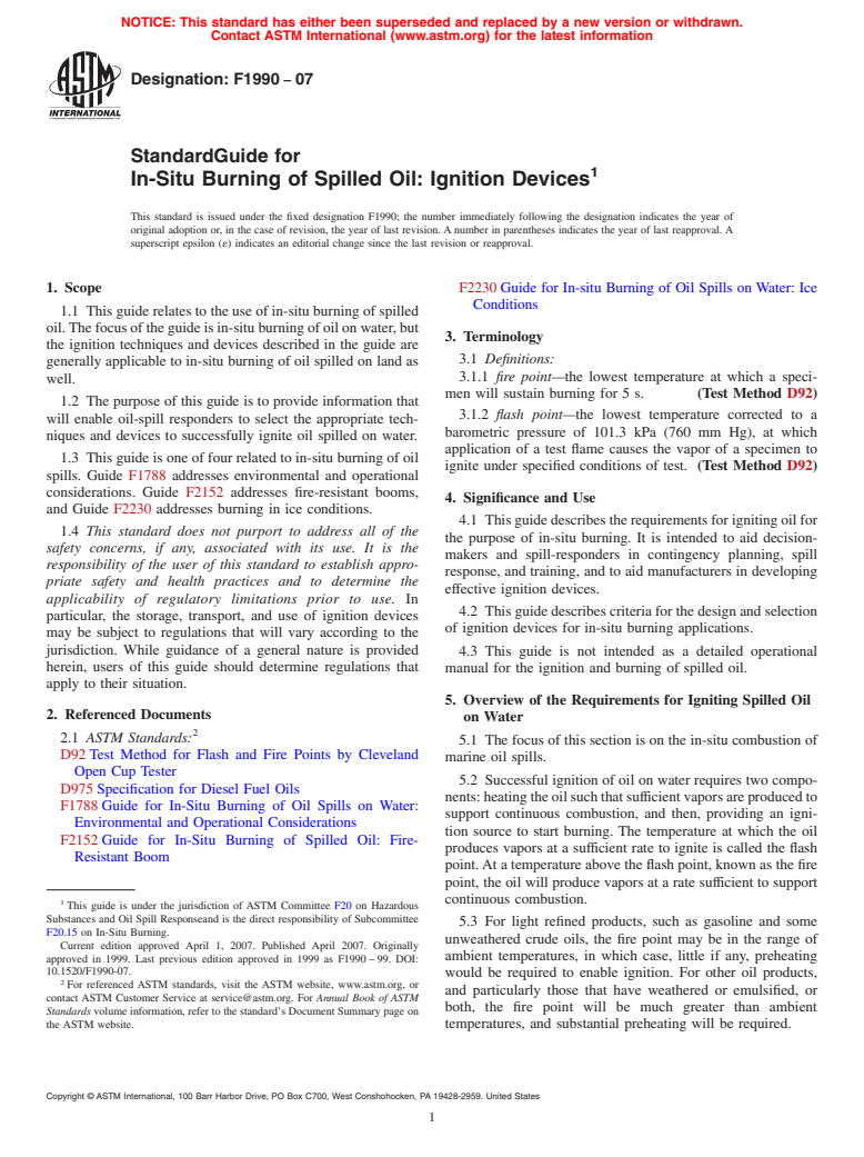 ASTM F1990-07 - Standard Guide for In-Situ Burning of Spilled Oil: Ignition Devices