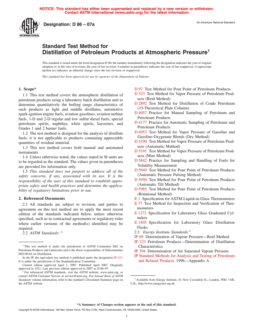 ASTM D86-07a - Standard Test Method for Distillation of Petroleum Products at Atmospheric Pressure