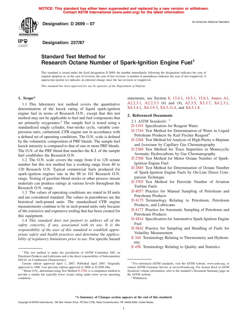 ASTM D2699-07 - Standard Test Method for Research Octane Number of Spark-Ignition Engine Fuel