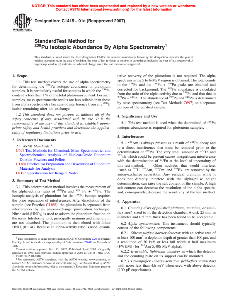 ASTM C1415-01a(2007) - Standard Test Method for <sup>238</sup>Pu Isotopic Abundance by Alpha Spectrometry