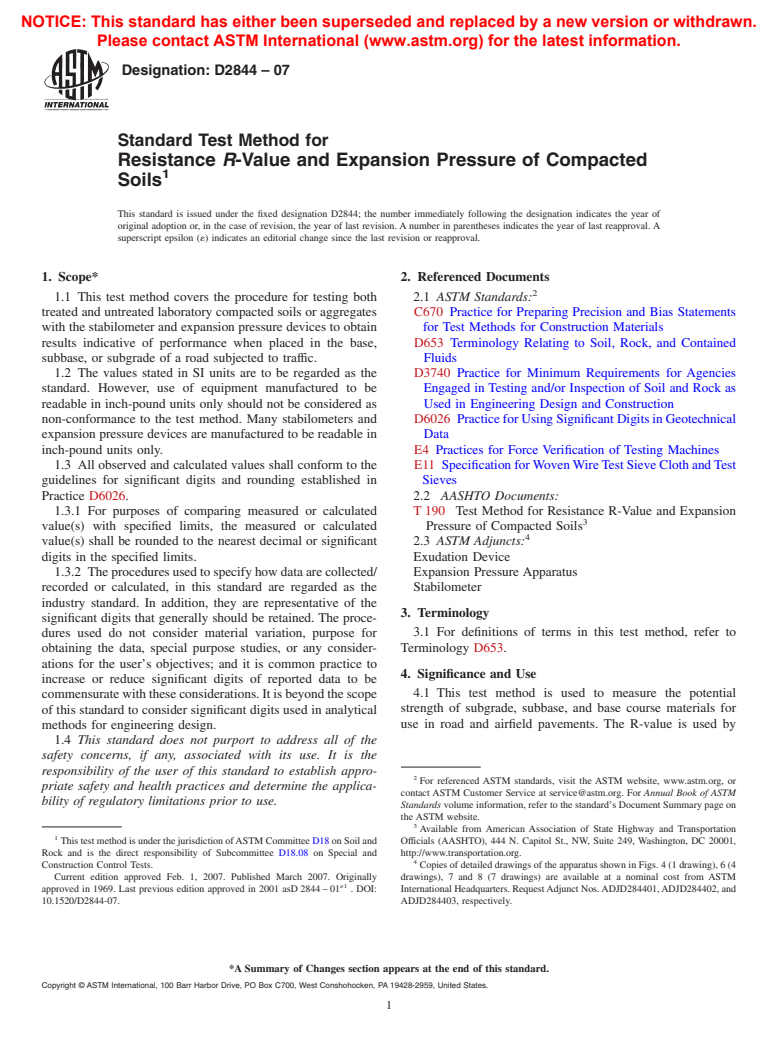 ASTM D2844-07 - Standard Test Method for Resistance <i>R</i>-Value and Expansion Pressure of Compacted Soils