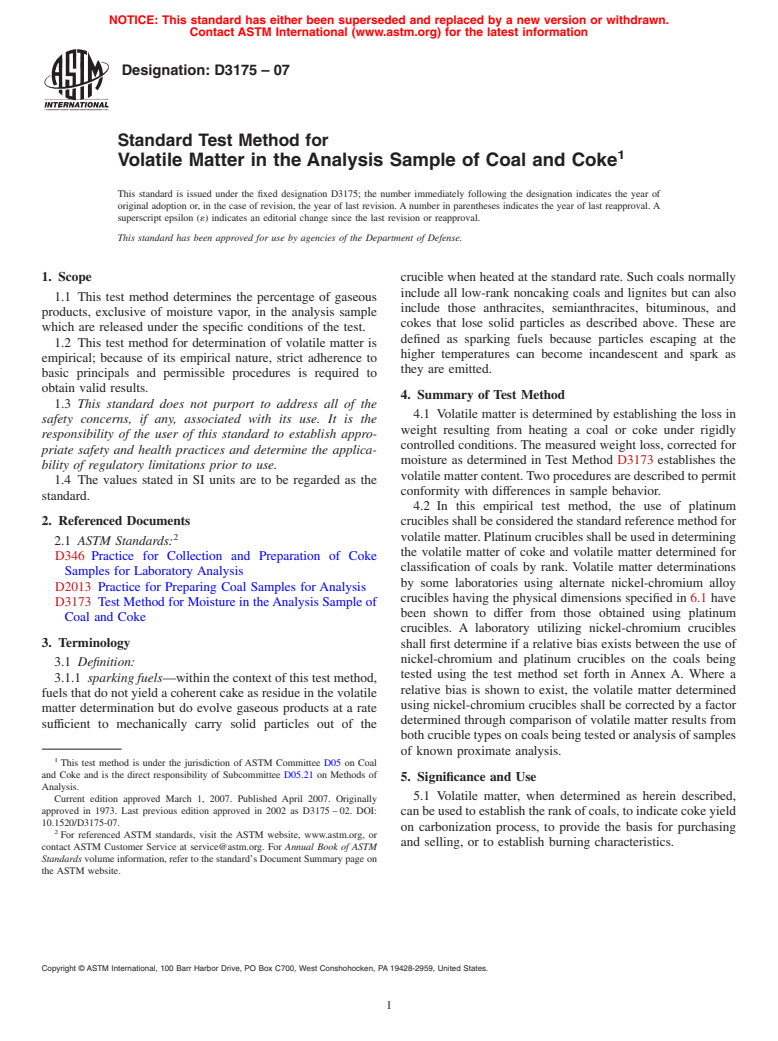 ASTM D3175-07 - Standard Test Method for Volatile Matter in the Analysis Sample of Coal and Coke