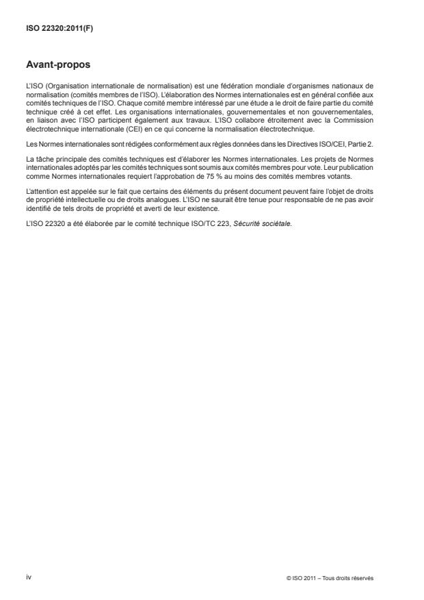 ISO 22320:2011 ISO 22320:2011 - Sécurité sociétale -- Gestion des urgences -- Exigences des opérations des secours - Page 4 preview