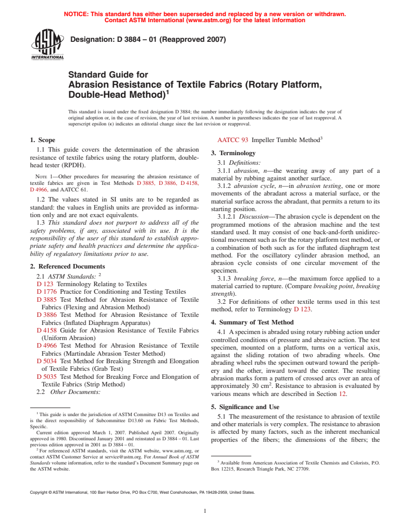 ASTM D3884-01(2007) - Standard Guide for Abrasion Resistance of Textile Fabrics (Rotary Platform, Double-Head Method)