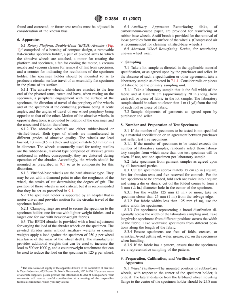 ASTM D3884-01(2007) - Standard Guide for Abrasion Resistance of Textile Fabrics (Rotary Platform, Double-Head Method)