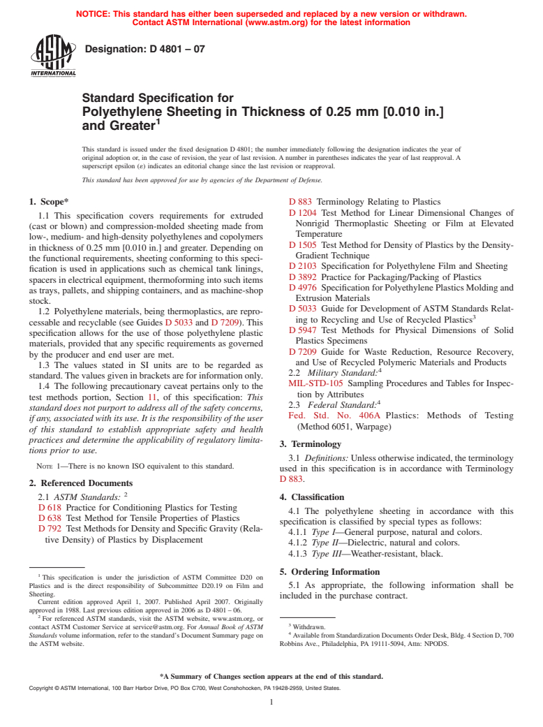 ASTM D4801-07 - Standard Specification for Polyethylene Sheeting in Thickness of 0.25 mm [0.010 in.] and Greater