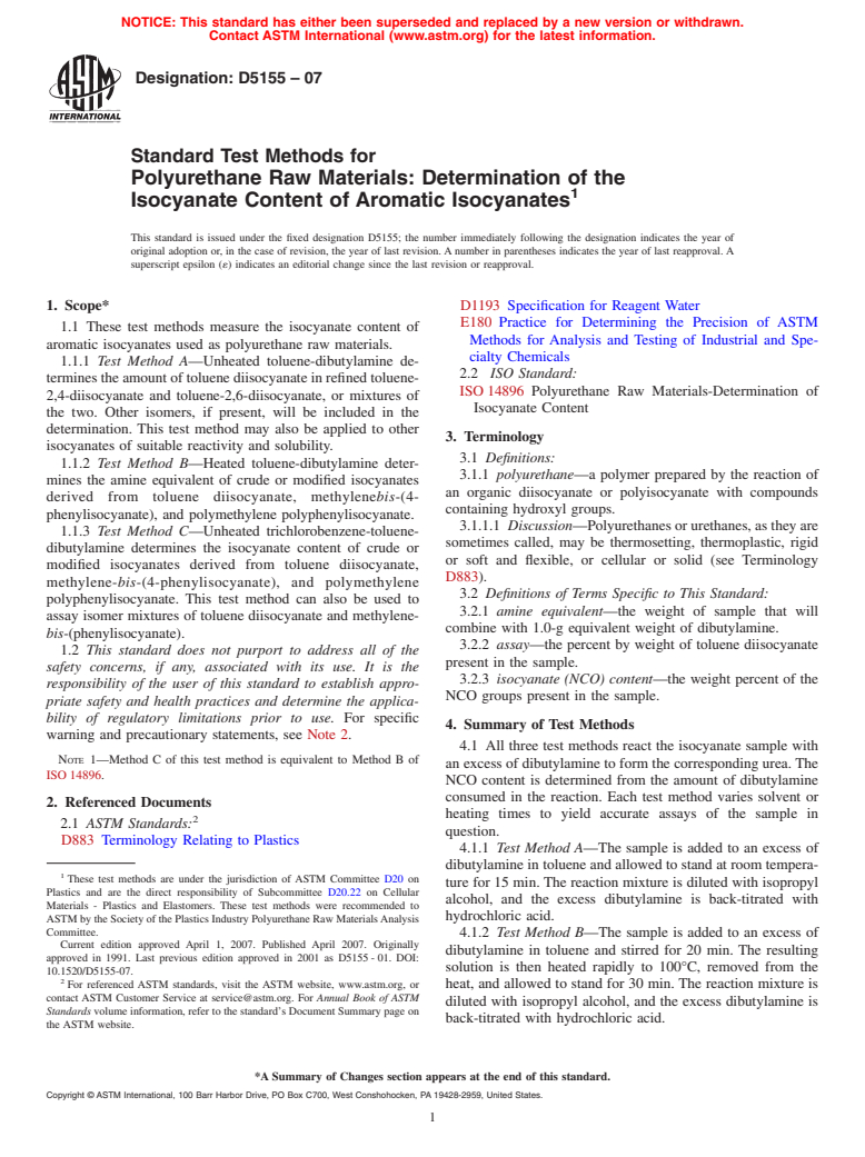 ASTM D5155-07 - Standard Test Methods for Polyurethane Raw Materials  Determination of the Isocyanate Content of Aromatic Isocyanates