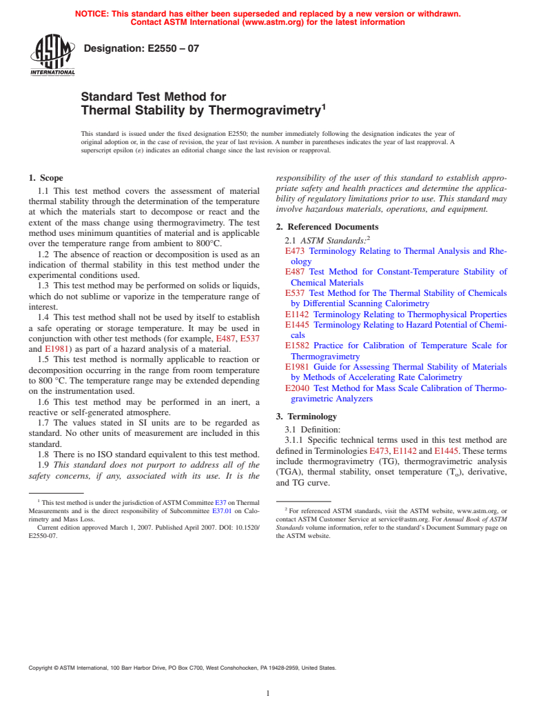 ASTM E2550-07 - Standard Test Method for Thermal Stability by Thermogravimetry