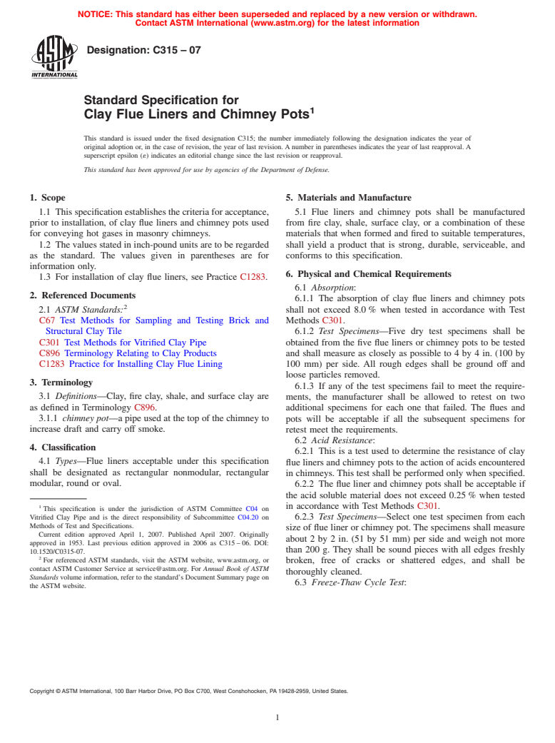 ASTM C315-07 - Standard Specification for Clay Flue Liners and Chimney Pots