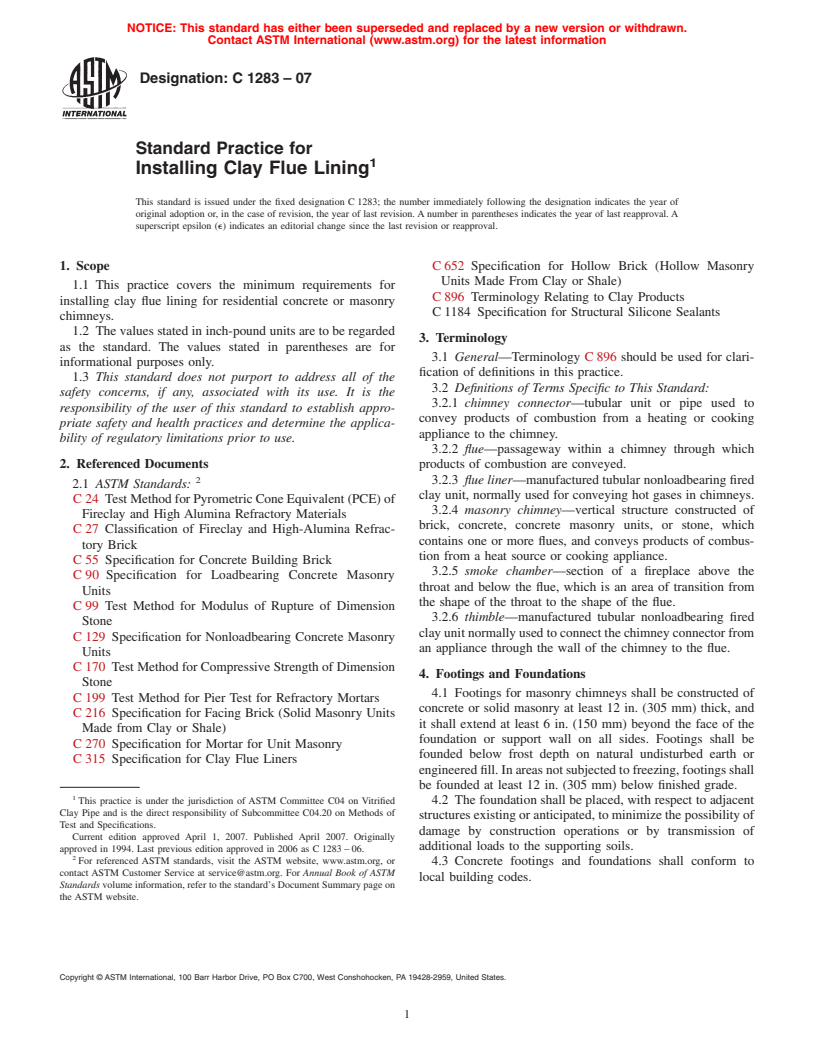 ASTM C1283-07 - Standard Practice for Installing Clay Flue Lining