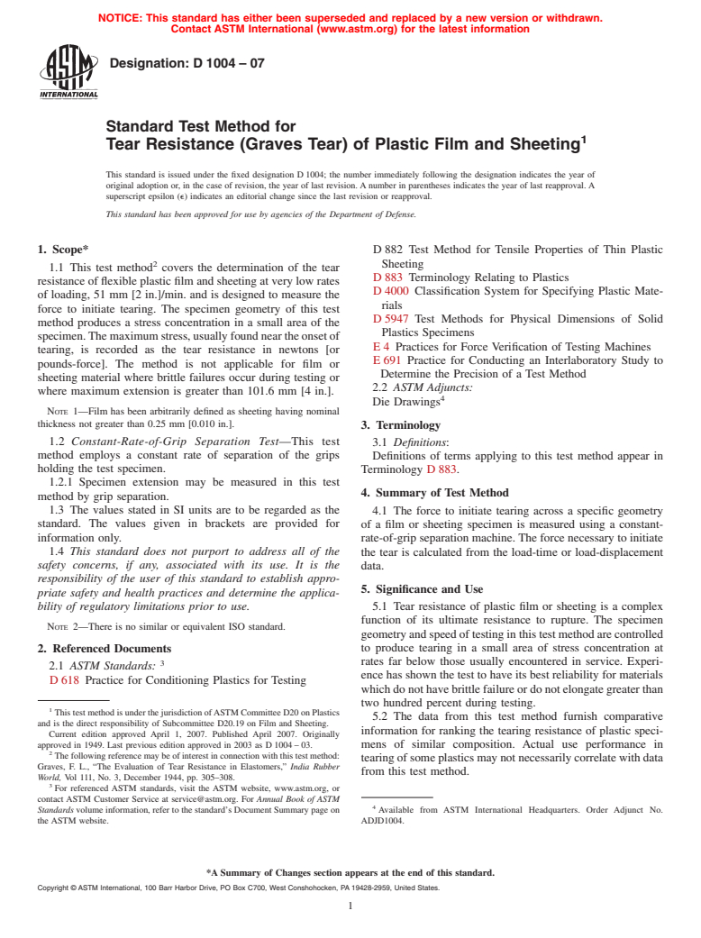 ASTM D1004-07 - Standard Test Method for Tear Resistance (Graves Tear) of Plastic Film and Sheeting