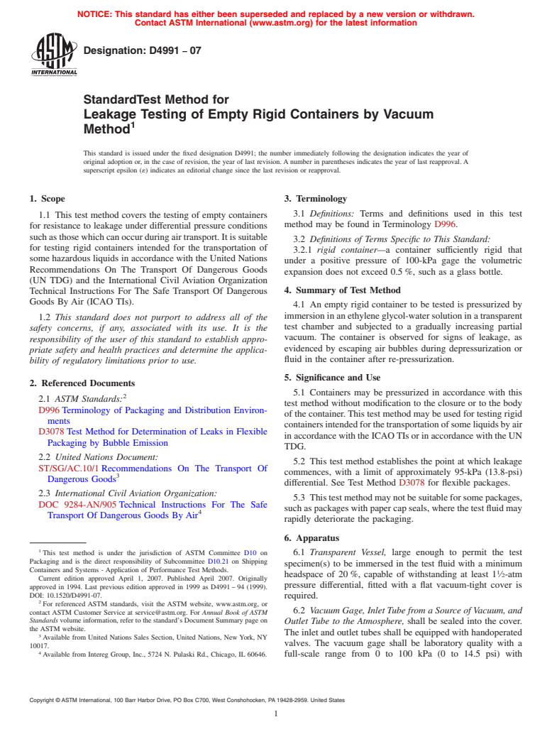 ASTM D4991-07 - Standard Test Method for Leakage Testing of Empty Rigid Containers by Vacuum Method