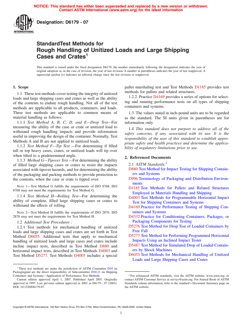 ASTM D6179-07 - Standard Test Methods for Rough Handling of Unitized Loads and Large Shipping Cases and Crates