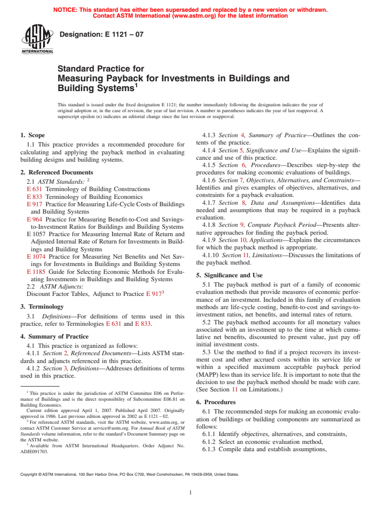 ASTM E1121-07 - Standard Practice for Measuring Payback for Investments in Buildings and Building Systems