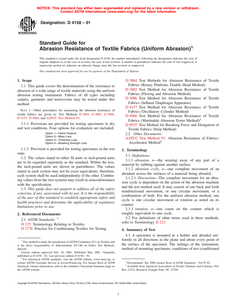 ASTM D4158-01 - Standard Guide for Abrasion Resistance of Textile Fabrics (Uniform Abrasion)