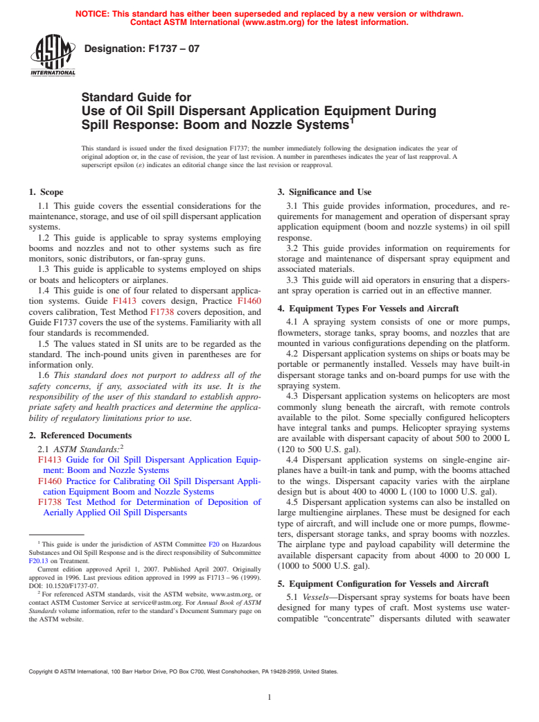 ASTM F1737-07 - Standard Guide for Use of Oil Spill Dispersant Application Equipment During Spill Response: Boom and Nozzle Systems