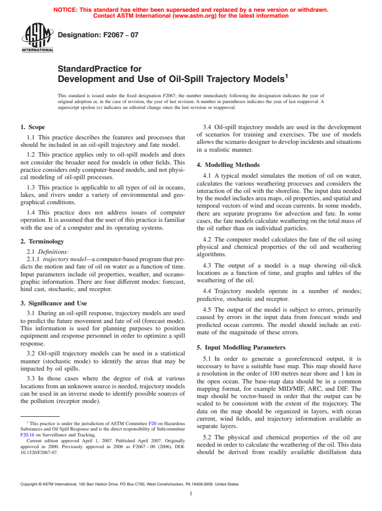 ASTM F2067-07 - Standard Practice for Development and Use of Oil-Spill Trajectory Models