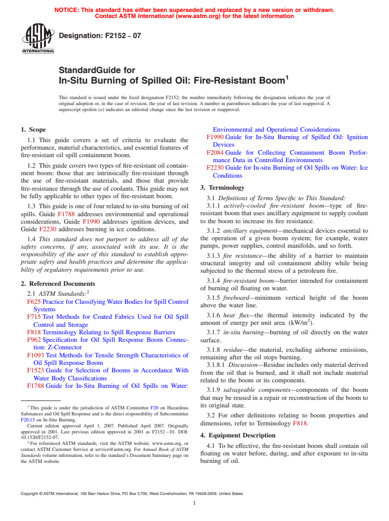 ASTM F2152-07 - Standard Guide for In-Situ Burning of Spilled Oil: Fire-Resistant Boom