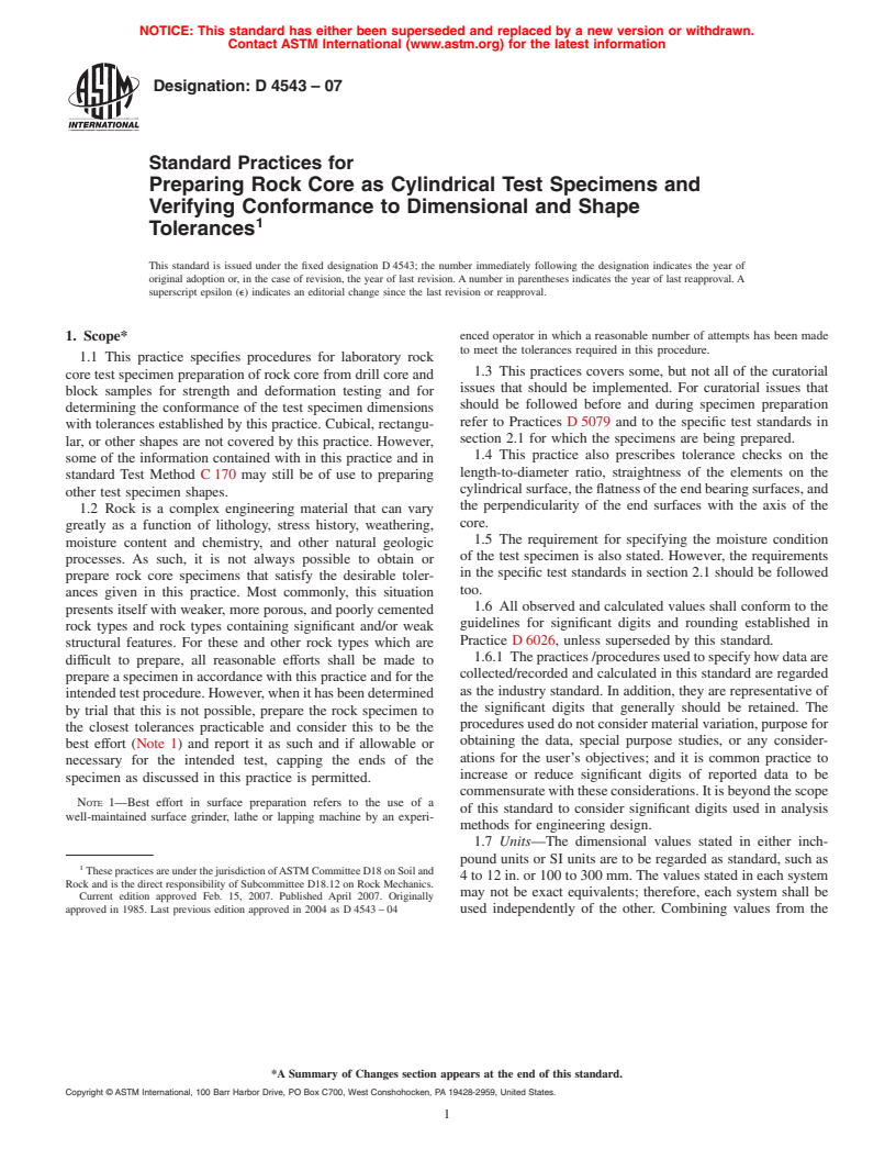 ASTM D4543-07 - Standard Practices for Preparing Rock Core as Cylindrical Test Specimens and Verifying Conformance to Dimensional and Shape Tolerances