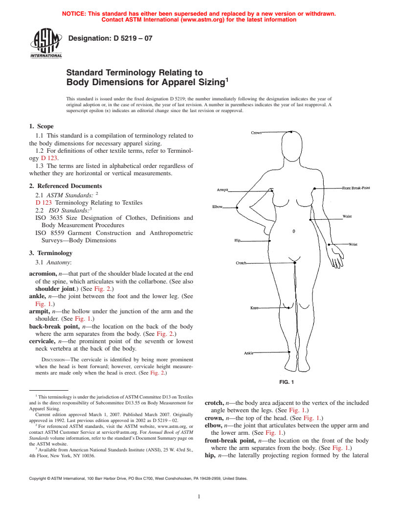 ASTM D5219-07 - Standard Terminology Relating to Body Dimensions for Apparel Sizing