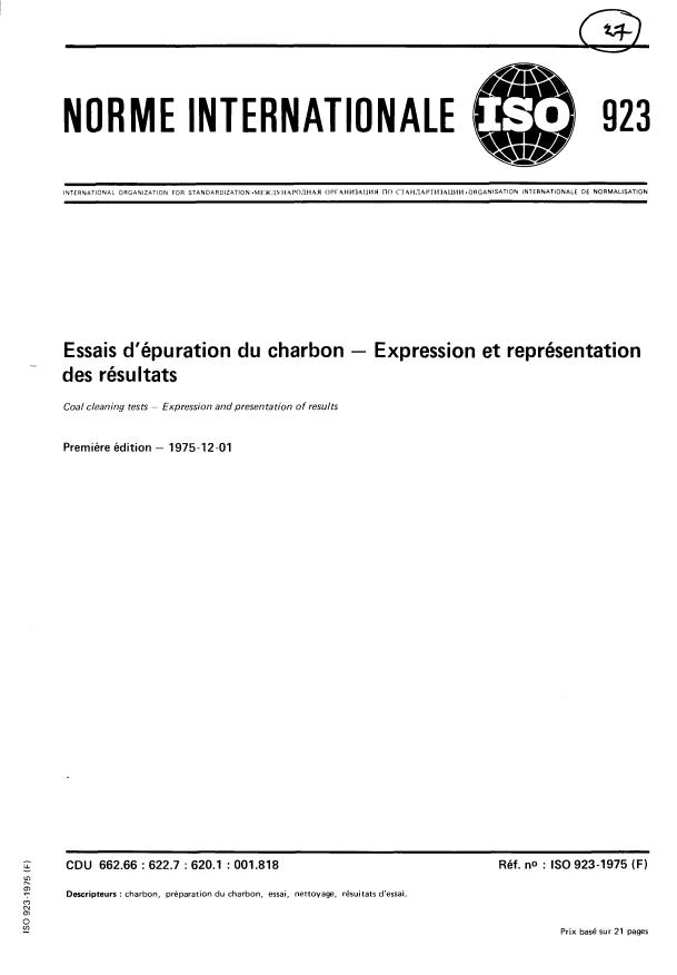 ISO 923:1975 - Essais d'épuration du charbon -- Expression et représentation des résultats