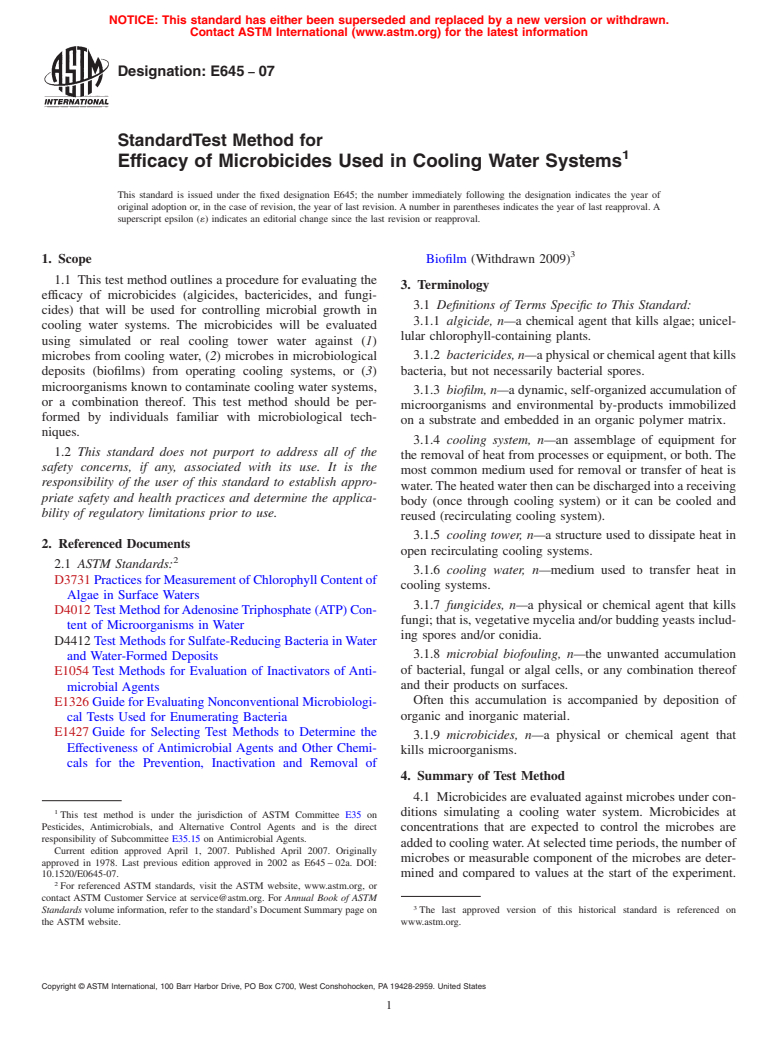 ASTM E645-07 - Standard Test Method for Efficacy of Microbicides Used in Cooling Water Systems