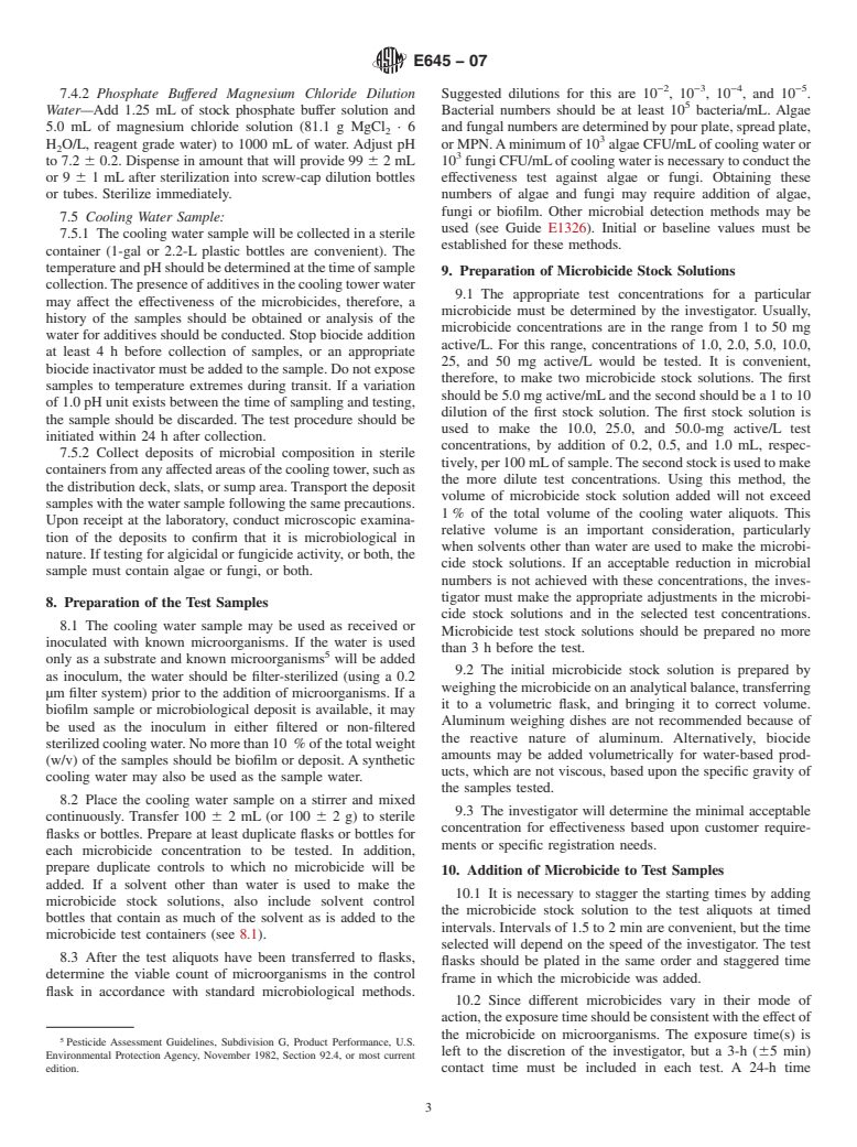 ASTM E645-07 - Standard Test Method for Efficacy of Microbicides Used in Cooling Water Systems