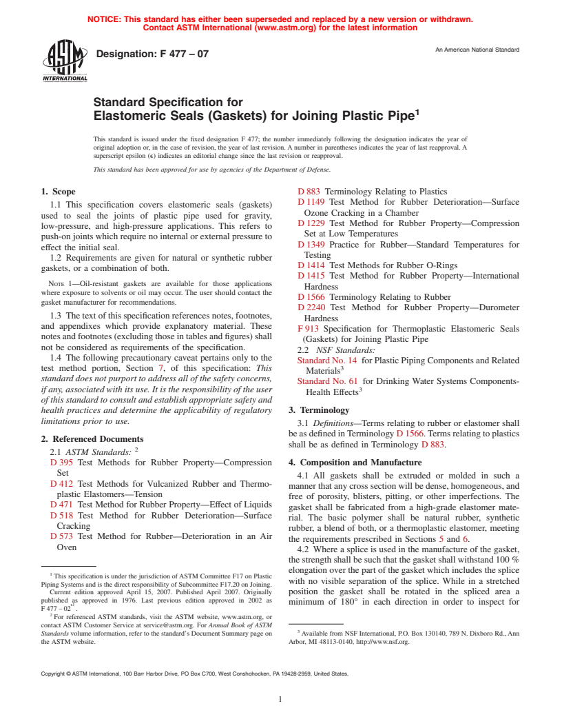 ASTM F477-07 - Standard Specification for Elastomeric Seals (Gaskets) for Joining Plastic Pipe