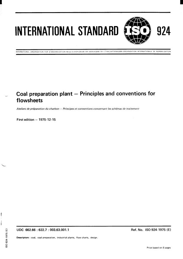ISO 924:1975 - Coal preparation plant -- Principles and conventions for flowsheets