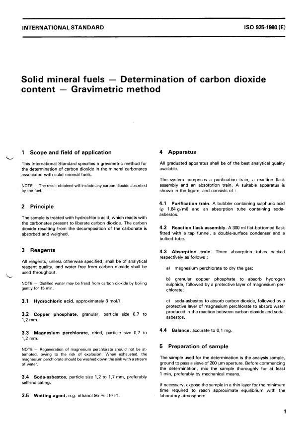 ISO 925:1980 - Solid mineral fuels -- Determination of carbon dioxide content -- Gravimetric method