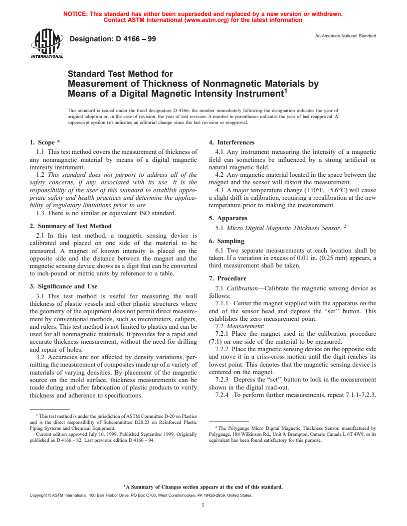 ASTM D4166-99 - Standard Test Method for Measurement of Thickness of Nonmagnetic Materials by Means of a Digital Magnetic Intensity Instrument