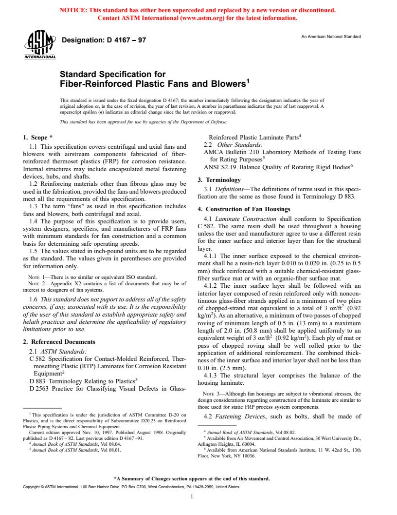 ASTM D4167-97 - Standard Specification for Fiber-Reinforced Plastic Fans and Blowers