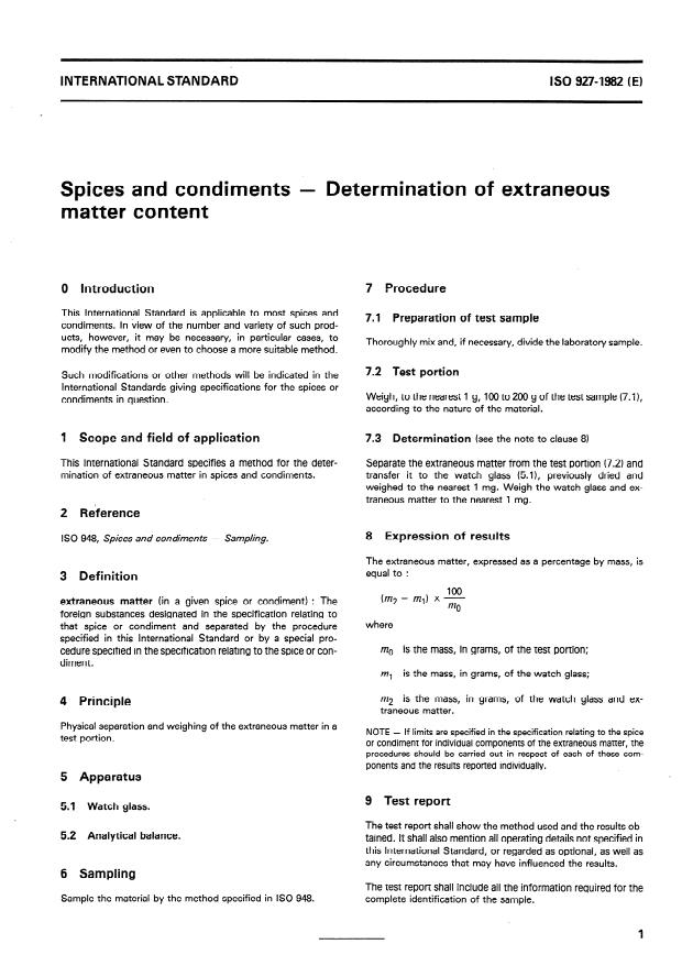 ISO 927:1982 - Spices and condiments -- Determination of extraneous matter content