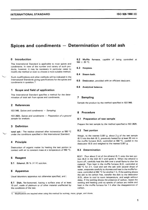 ISO 928:1980 - Spices and condiments -- Determination of total ash
