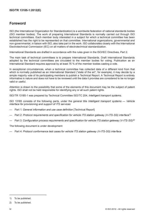 ISO/TR 13185-1:2012 ISO/TR 13185-1:2012 - Intelligent transport systems -- Vehicle interface for provisioning and support of ITS services - Page 4 preview