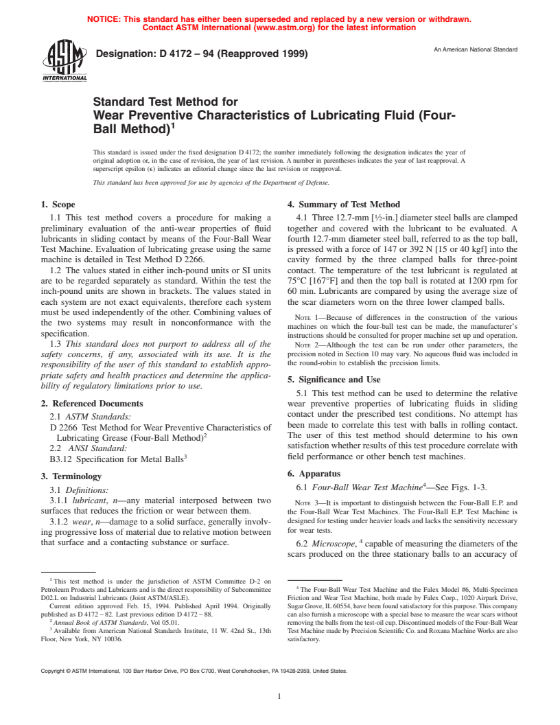 ASTM D4172-94(1999) - Standard Test Method for Wear Preventive Characteristics of Lubricating Fluid (Four-Ball Method)