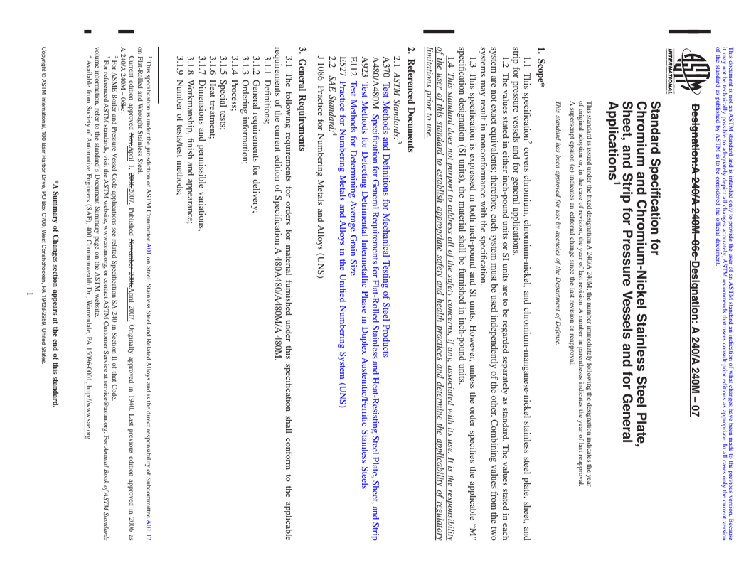 REDLINE ASTM A240/A240M-07 - Standard Specification for Chromium and Chromium-Nickel Stainless Steel Plate, Sheet, and Strip for Pressure Vessels and for General Applications