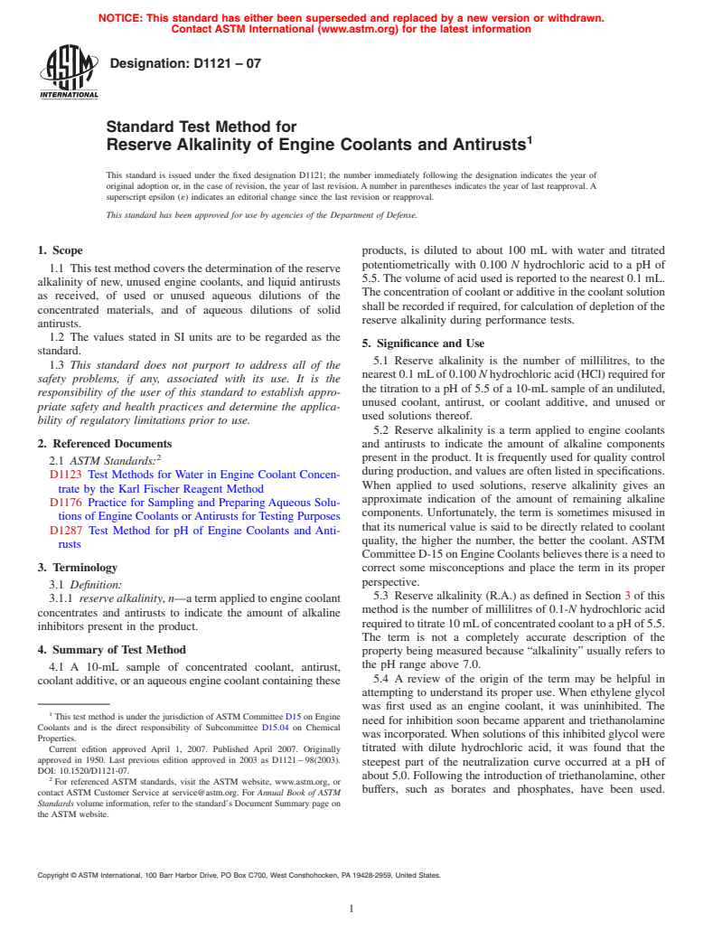 ASTM D1121-07 - Standard Test Method for Reserve Alkalinity of Engine Coolants and Antirusts