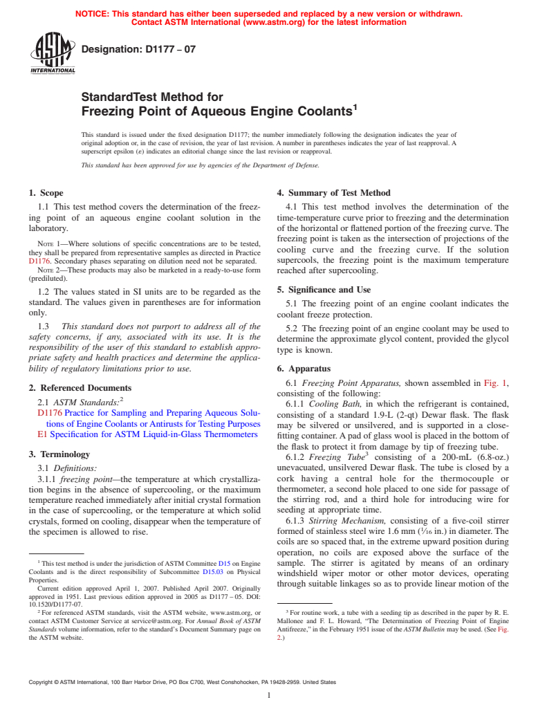 ASTM D1177-07 - Standard Test Method for Freezing Point of Aqueous Engine Coolants